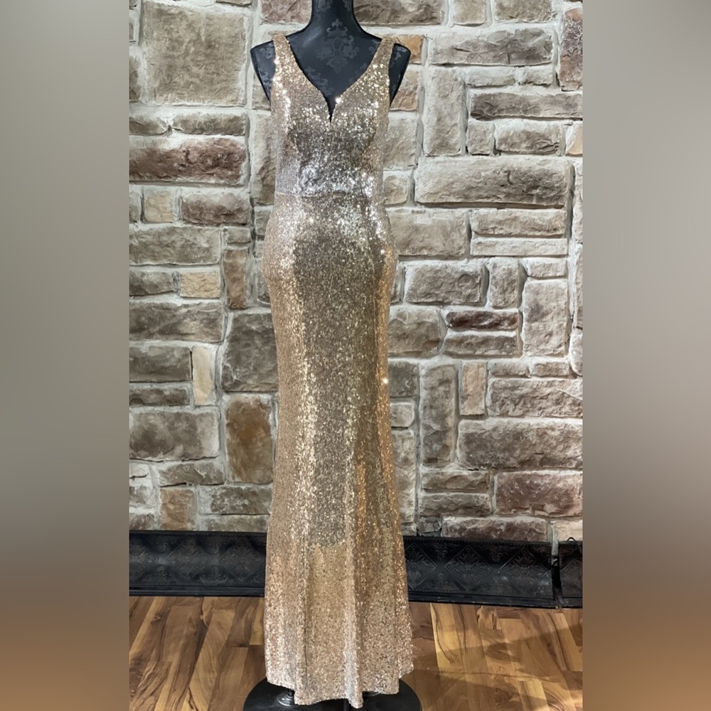 Crystal Doll Gold Sequin Sheath Dress V-Neck Sleeveless